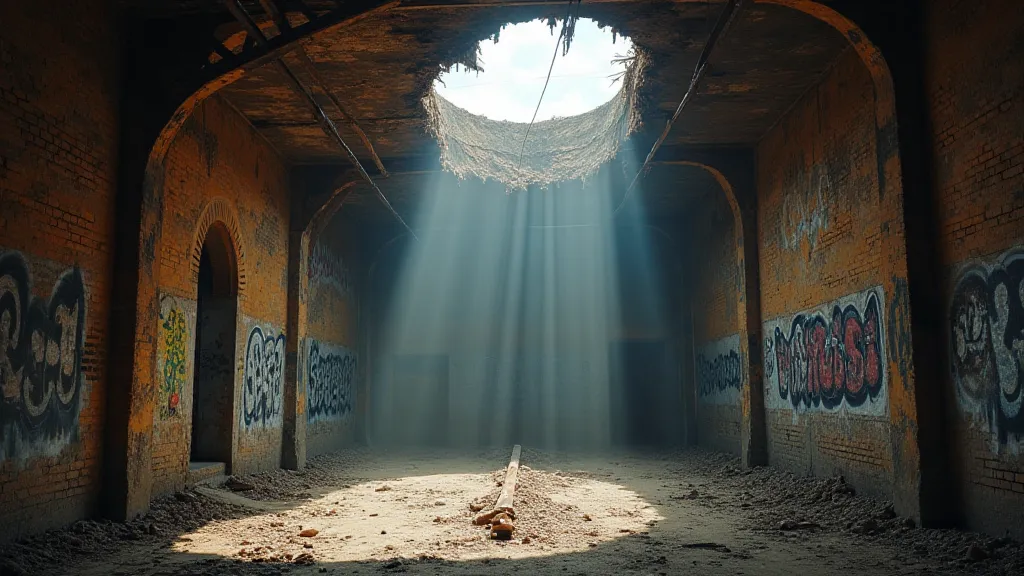 Interior of an abandoned factory with a collapsed roof