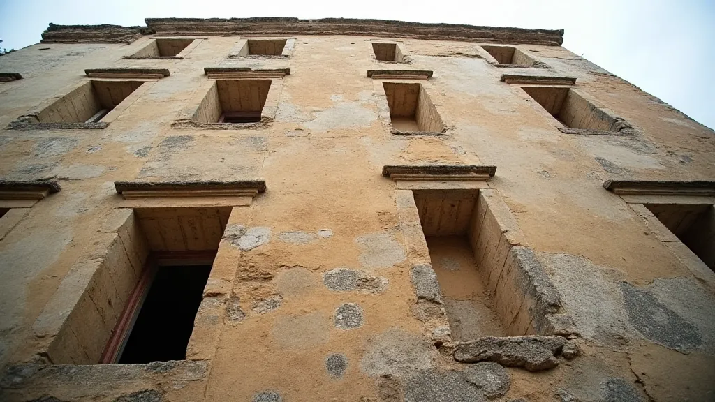 A weathered limestone building facade under overcast skies
