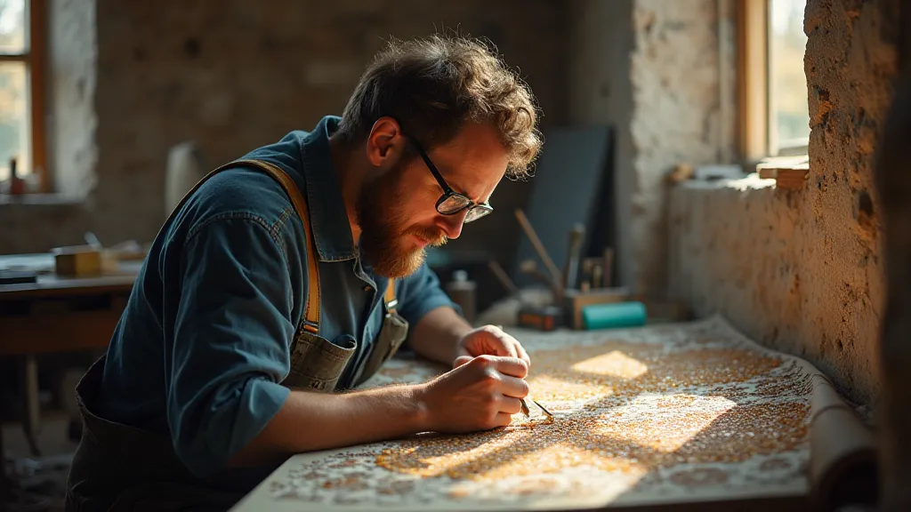 Modern mosaic artist working on a panel