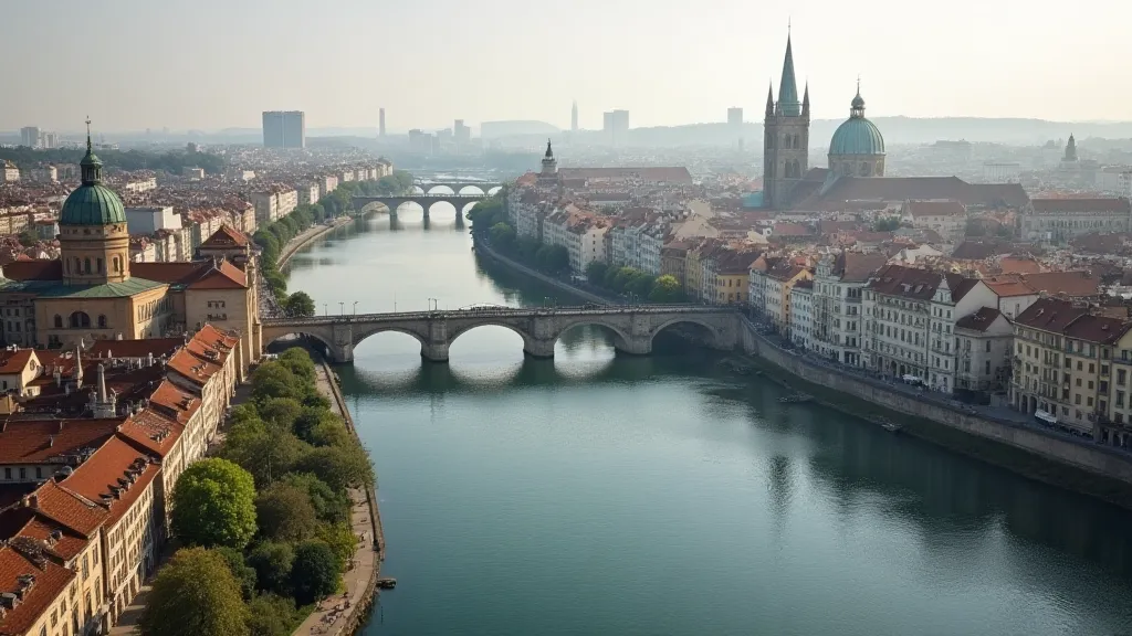 Modern city with river running through it