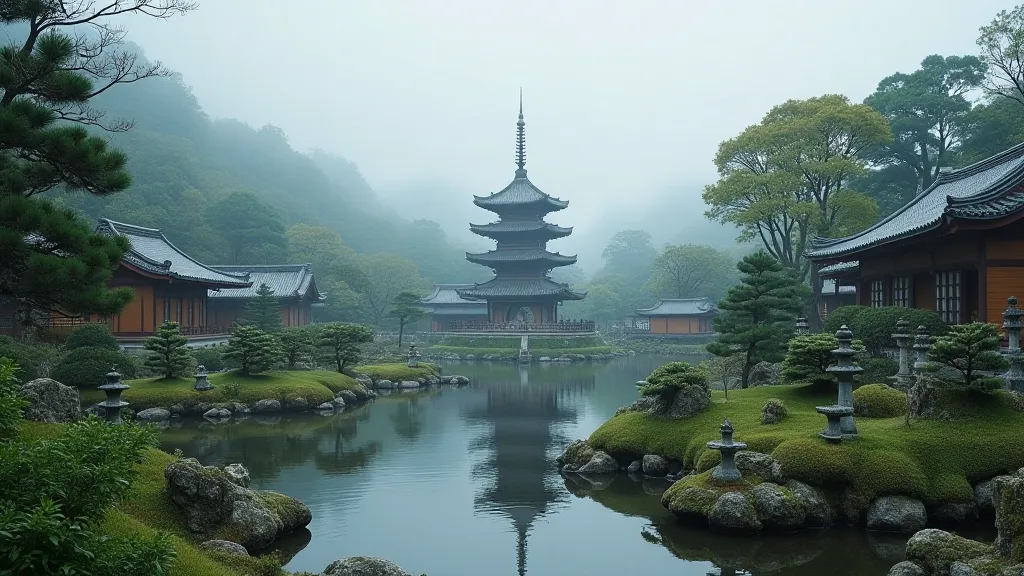Japanese pagoda in a temple landscape