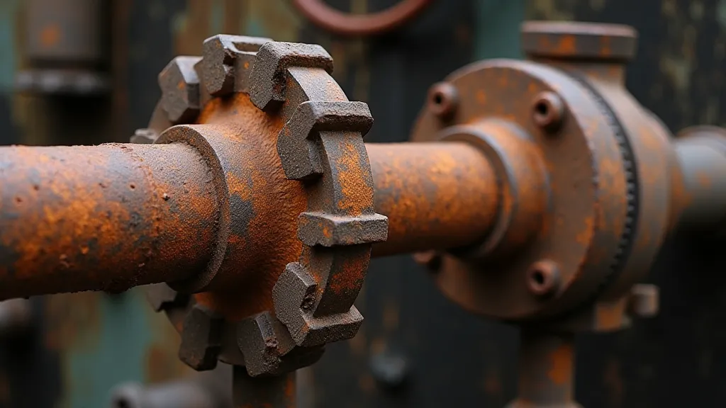 Close-up of rusted metal pipes and gears